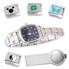 Black Squircle Italian Charm Watch Bracelet w/ Numbers Plus Tool Enamel Charms