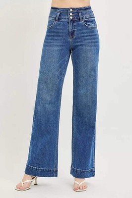 RISEN High Rise Wide Leg Wide Band Detail Jeans