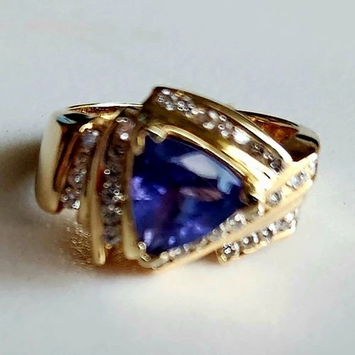 18k Yellow Gold Trillion Cut  Tanzanite and Diamond Cocktail Ring Size 7 1/2. - product listing photo