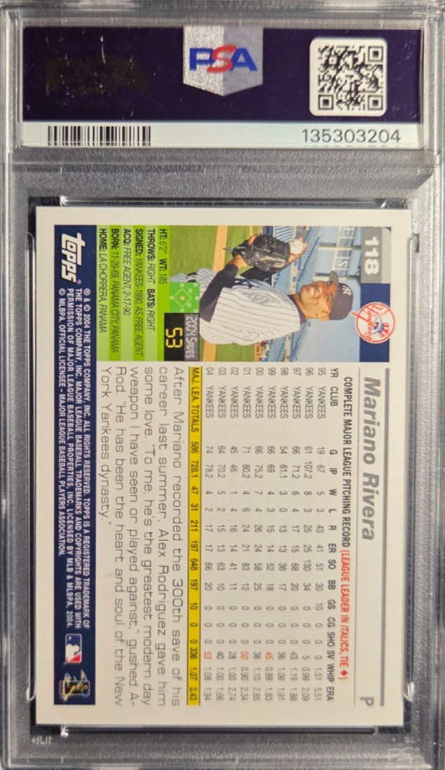 2005 TOPPS #118 MARIANO RIVERA YANKEES HOF PSA MINT 9! view 2
