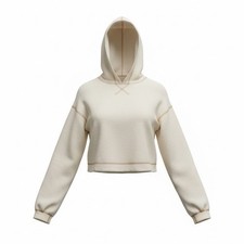 Beige Pullover Cropped Hoodie Solid Women's Long Sleeve Casual Crew Neck