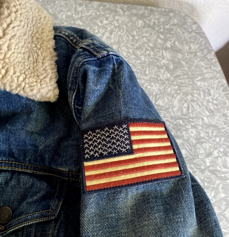 Chaqueta de Camionero Polo Ralph Lauren Sherpa Forrada de Vellón Denim Bandera de EE. UU. Para Hombre L Foto 3 de 4