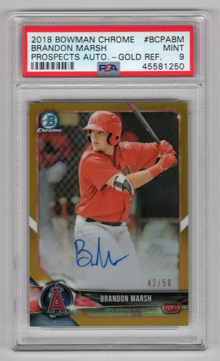 2018 Bowman Chrome 42/50 Gold Refractor Auto Brandon Marsh