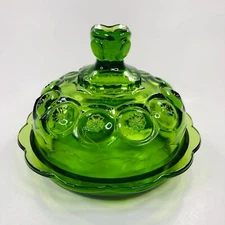 L. E. Smith Moon & Stars Glass Green Round Covered Butter Cheese Dish 1968