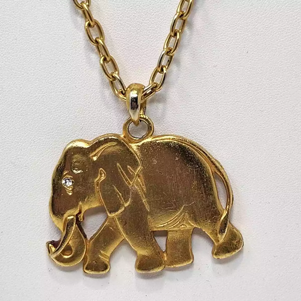 Brushed Gold Tone Elephant Pendant Chain Necklace Animal Trunk Up