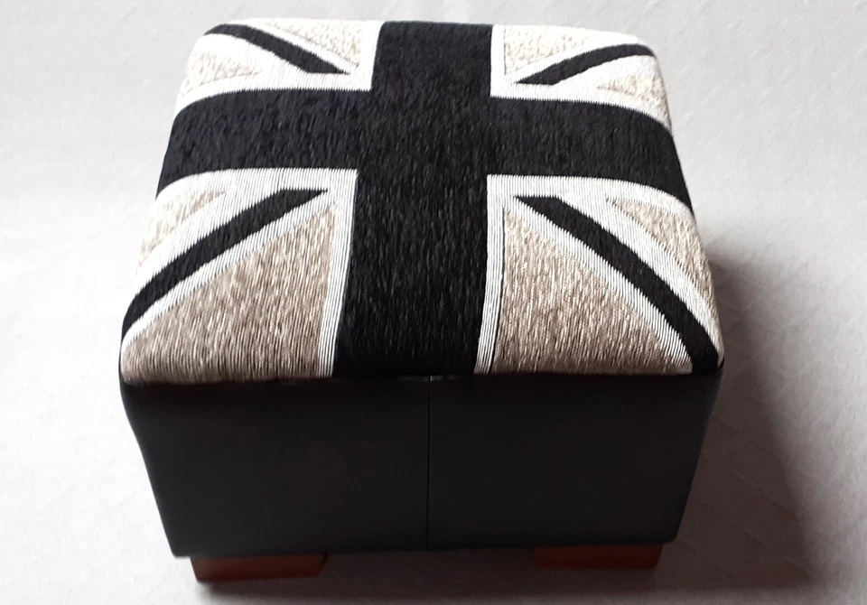 Reposapiés / Union Jack chenilla tapicería tela superior - lados de imitación cuero negro Foto 3 de 4