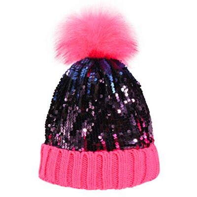 Women Sequin Knitted Beanie Hat with Faux Fur Pom-Pom Shiny 