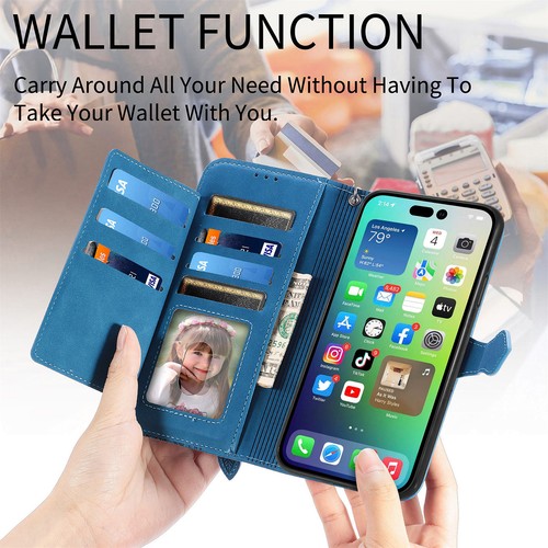 For iPhone 16e 2025/16 Pro Max/15/14 Leather Zipper Wallet Stand Case with Strap - Picture 14 of 47