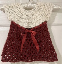 Vintage Crochet Baby Dress Maroon  White w/Ribbon and Mother of Pearl Button