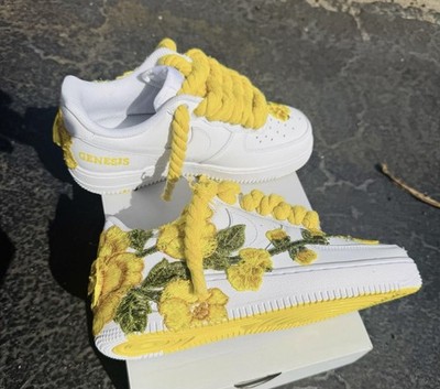 Nike Air Force 1 All White Customized To Yellow Flora