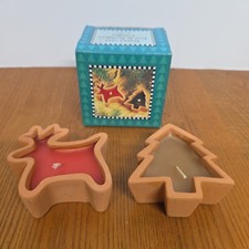 1998 Set of TWO TERRA COTTA CHRISTMAS CANDLES - Reindeer and Christmas Tree