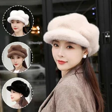 Women Fluffy Cozy Plush Beanie Beret Hat with Brim Artist Painter Cap Solid 