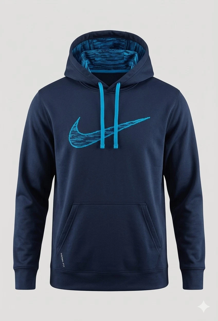 Nike Therma-FIT Hoodie Navy Blue Cyan Swoosh Pullover Sweatshirt Sz L