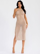 Open Knit Crochet Beach Cover Up Midi Dress High Neck Various Colors S-L