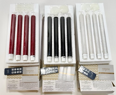 #ad Mikasa Home Accents BLOW OUT LED 10” GLITTER Taper Candles RED Black amp; WHITE $34.99