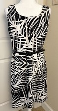 TravelSmith Womens 14 Black White Abstract Print Sleeveless Belted Shift Dress