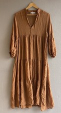 Young Fabulous & Broke Tiered Midi Dress XS Brown Boho Peasant Puff Sleeve SHEER