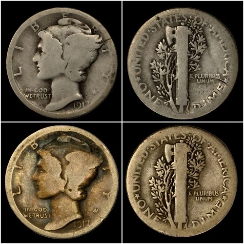 🔥1917 Mercury Dime Pair • Fine • 2‑Coin Lot • 90% Silver • Uncertified🔥