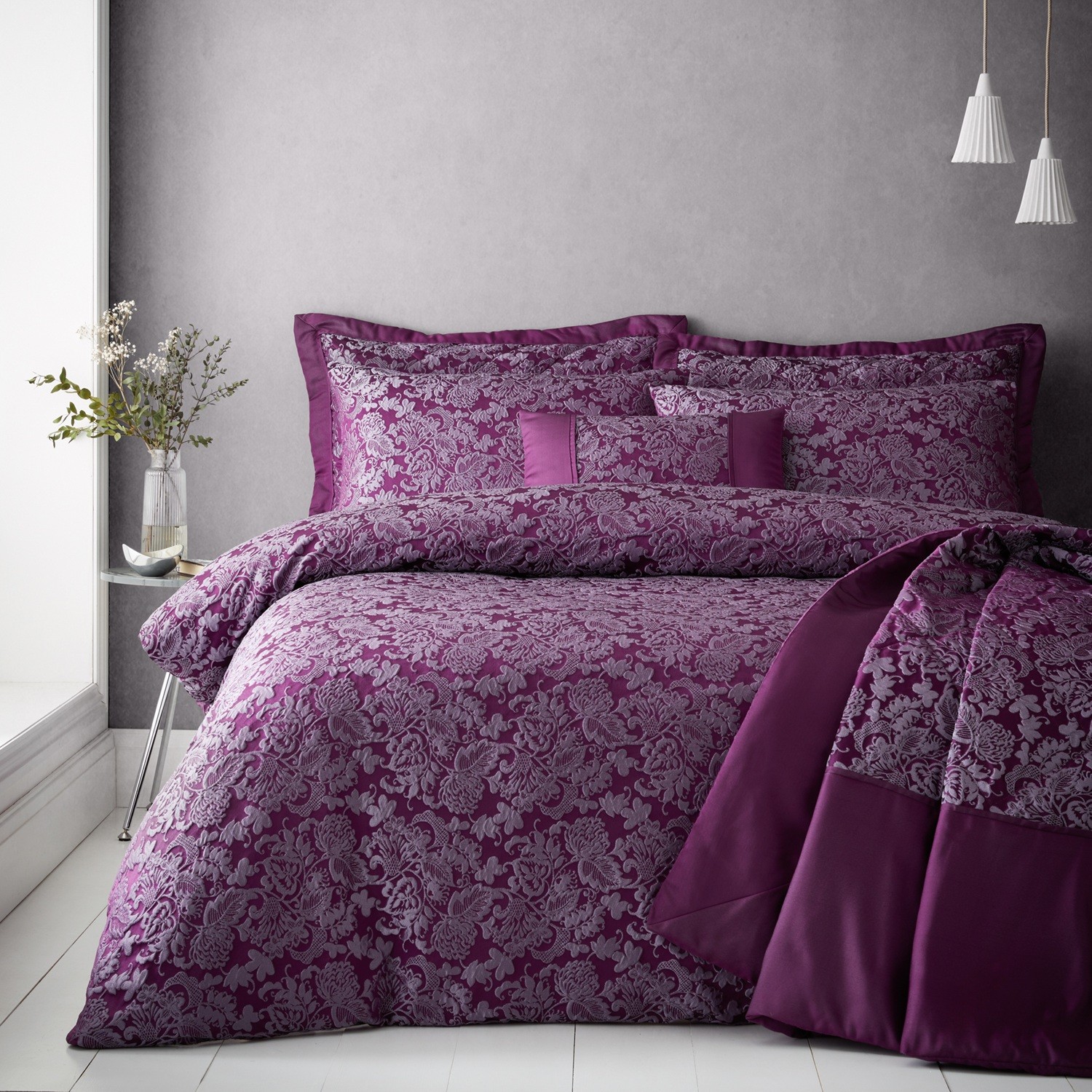 Jacquard Damask Floral Duvet Cover Luxury Super King Quilt Bedding Bed Set Plum