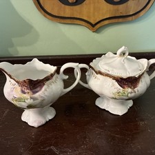 Antique RS Prussia Pedestal Sugar Bowl Creamer Set Lilly Floral Art Nouveau