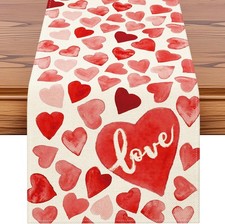 Red Love Hearts Valentines Day Table Runner, Anniversary Wedding Kitchen Dining