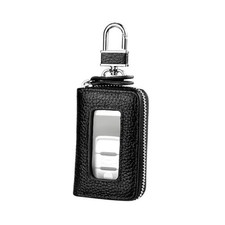 Car Key Fob Case, Genuine Leather Remote Key Protector Cover with Metal Black