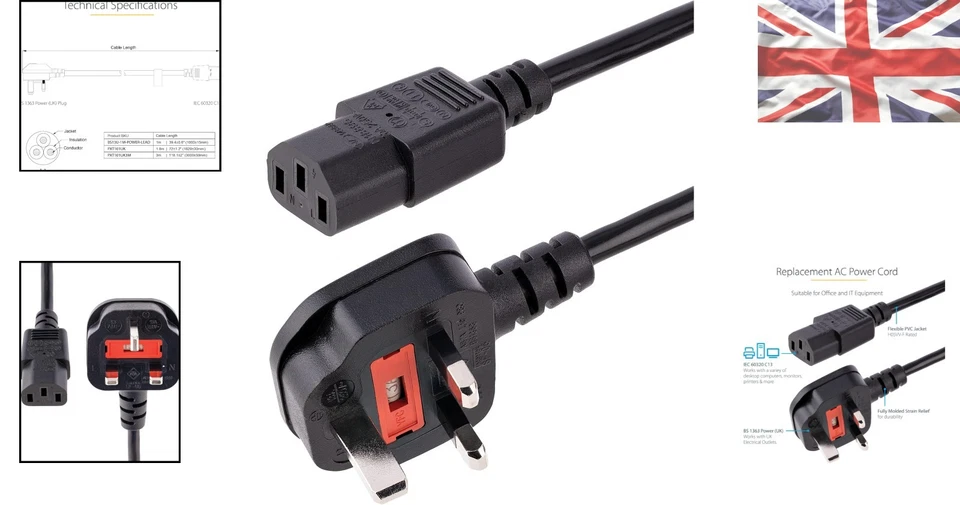 10ft C13 Power Lead, Black Replacement UK Cable, 100% Copper Expedited Support - Image 2 of 4