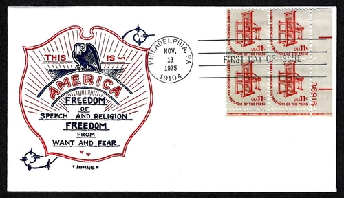 USA, SCOTT # 1593, ARTOPAGES FDC COVER EARLY AMERICAN PRINTING PRESS, BLOCK 1975