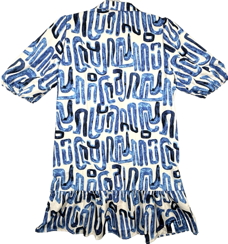 NWOT Geometric Women's Dress Large Mixed Print Blue Colorful Snap Buttons Ruffle - Picture 3 of 7