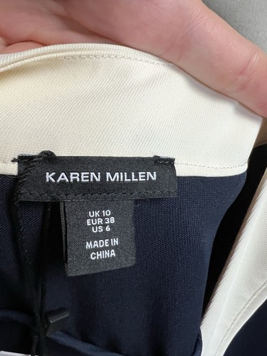 nwt Karen Millen Belted Woven Sheath Dress US 6 Button Detailing Navy Ivory - Picture 7 of 10