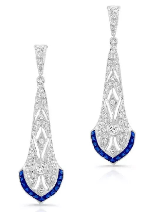 Art Deco Style Lab Created Diamond & Sapphire Wedding Earring 14K White Gold FN