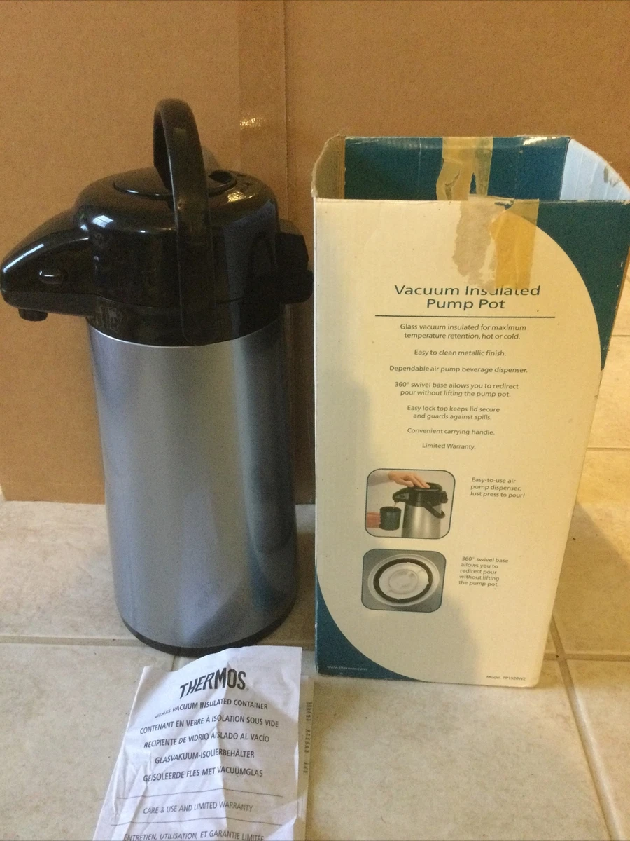 Thermos Glass Vacuum Insulated 2 Quart Pump Pot Gray Keep Drinks Hot Or Cold