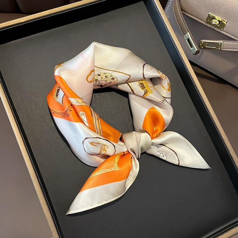 100% Mulberry Silk Scarf for Women Orange White 53x53cm Neckerchief Kerchief