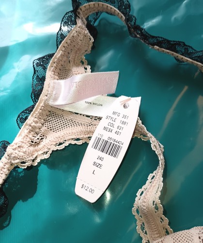 Vtg Victoria's Secret L 100% Nylon Black Lace Beige String Thong 2004 NWT - Picture 4 of 5