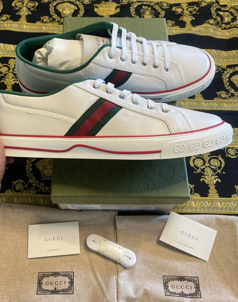 NEUF 100 % AUTHENTIQUE GUCCI HOMME CUIR BLANC TOILE VERT ET ROUGE G 14,5 US 15