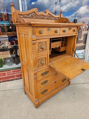 Victorian Antique solid Oak Carved Secretary desk dresser chest