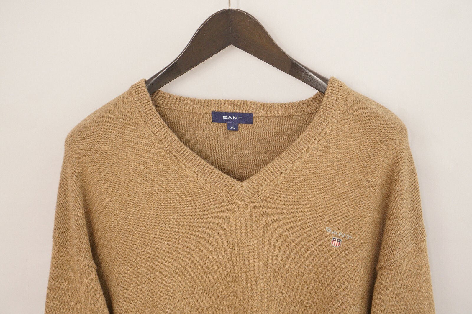 Men Gant Jumper Brown Cotton V Neck 2XL 
