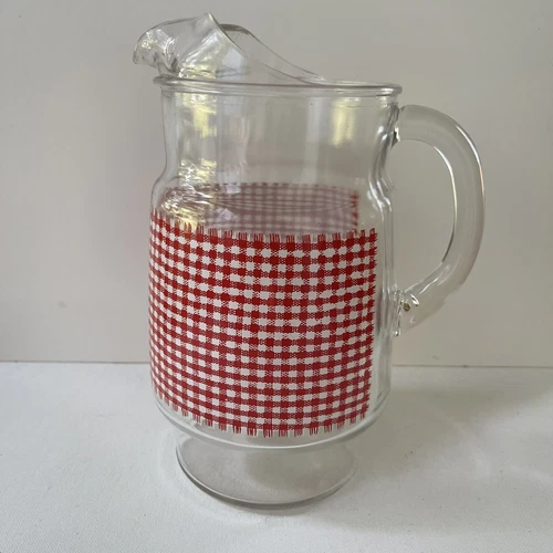 Vintage Anchor Hocking Red Gingham Pitcher 10” tall