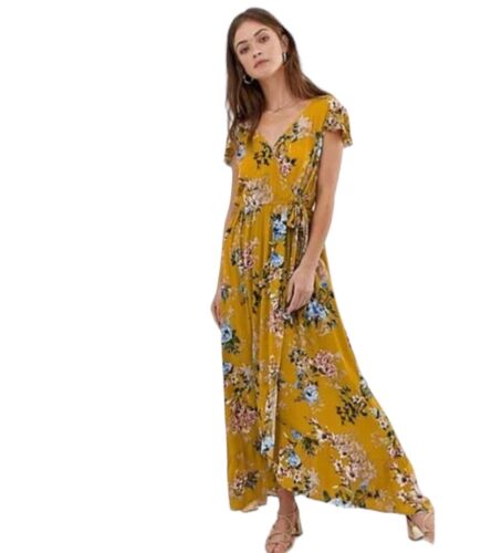 Band of Gypsies Mustard Yellow Floral Wrap Maxi Dress New With Tags Size XS