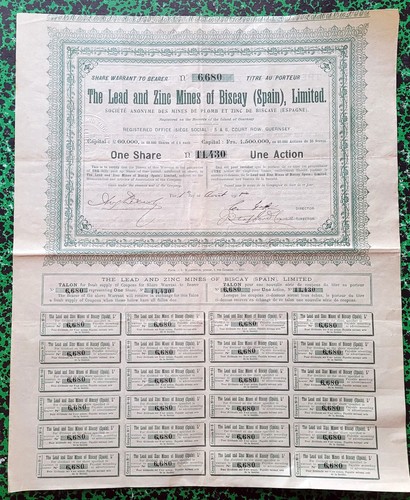 Espagne & Guernesay - Biscaye Siège à Guernesey - Mines de Plomb & Zinc de 1905 - Imagen 1 de 2
