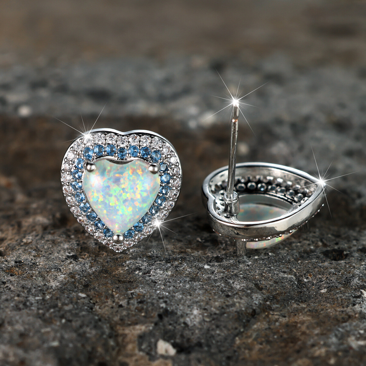 Heart Shaped White Opal and Gemstone Color Halo Stud Earrings