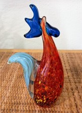 Hand Blown Art Glass Rooster Murano Style Figurine Paperweight Orange Blue 8"