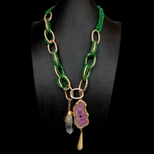 Green Crystal Necklace Fuchsia Agate Slice White Quartz Biwa Pearl Point Pendant