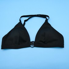 Victorias Secret Large Black Ribbed Triangle Plunge Metal Logo Bikini Top Swim