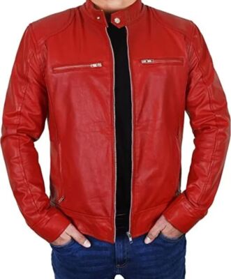 Men's Real Lambskin Red Biker Jacket 100% Pure Leather Motorcycle Casual Jacket