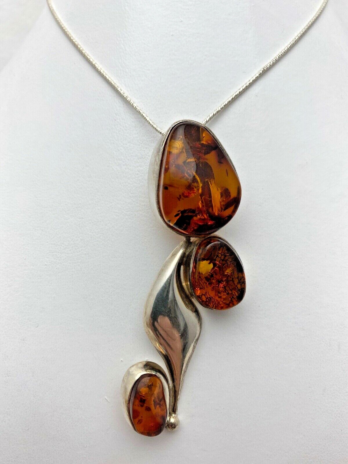 "Sterling Silver .925 Baltic Amber 1\" x 3\" ~  3 ~ Stone Pendant w/ 18\" Chain"