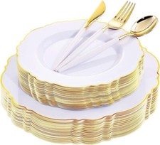 30-Piece Gold Plastic Plates Set - Elegant Baroque Design for Weddings Events