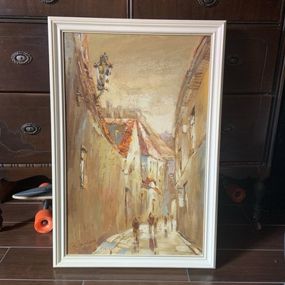 Original Oil Painting European Street With Figures Scene Signed Framed Lsakovas