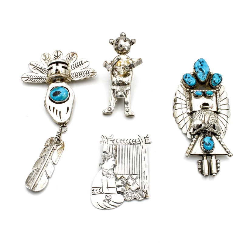 Southwest Signed Sterling Silver Turquoise Kachina Pins Lot of 4 #S5238-4