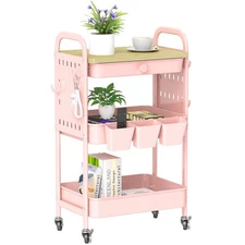 3 Tier Rolling Cart, Metal Storage Cart with Drawer, Wooden Tabletop & DIY Pe...